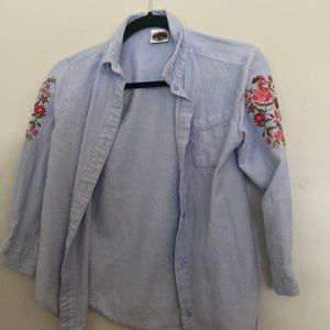 Blue cardigan with floral pattern on sleeves EUC